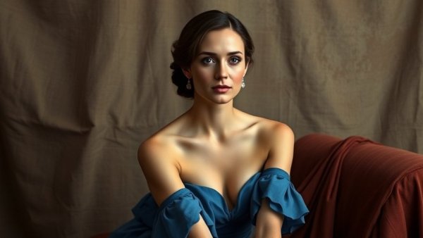 Elegant woman in blue dress sitting, classical portrait.