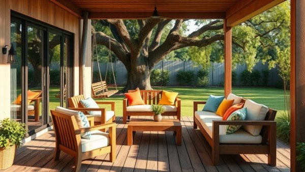 David Green House Altadena patio with wooden furniture.