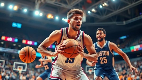 Dynamic action of basketball players, intense arena setting