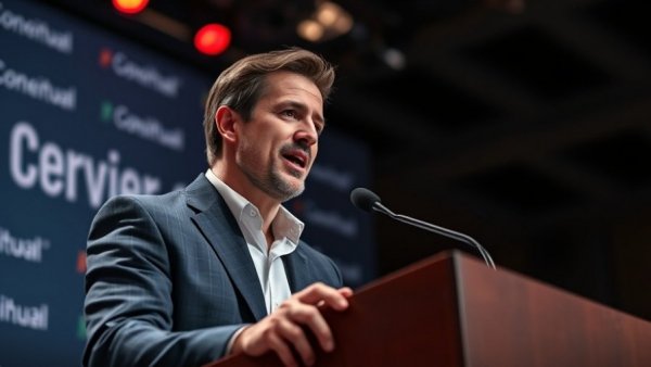Confident male speaker discussing impact at a conference, vibrant stage lighting.