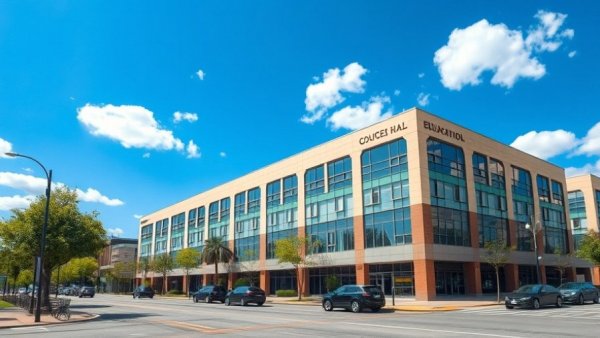 Modern building of Philadelphia School District, clear sky, climate preparedness Philadelphia schools.