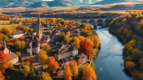 Scenic aerial view of German town and river during autumn.