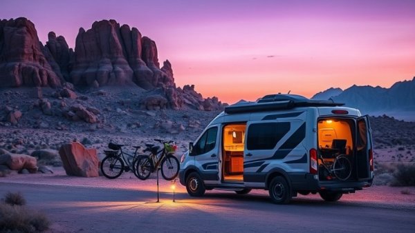 Self-recharging camper van in desert landscape at dusk.