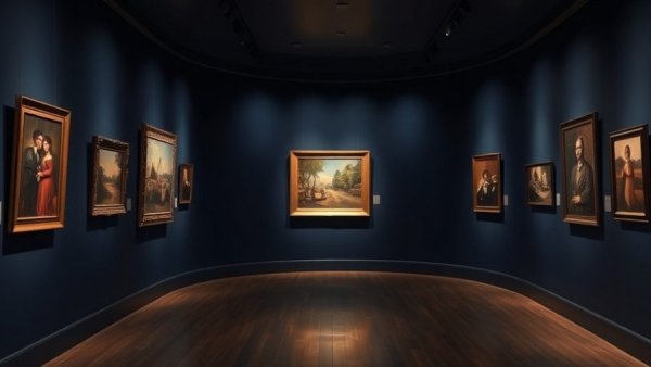 Top NYC art exhibit with framed paintings on blue walls.