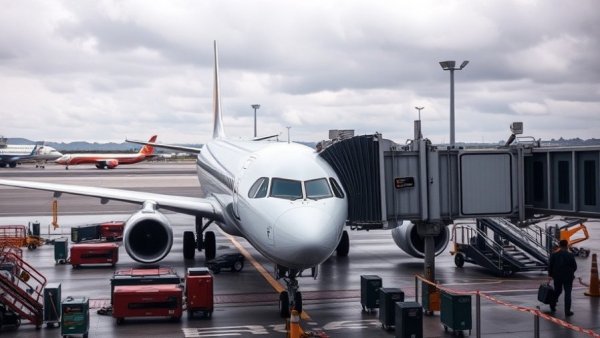 Airplane at airport gate, illustrating premium economy fares, busy tarmac.