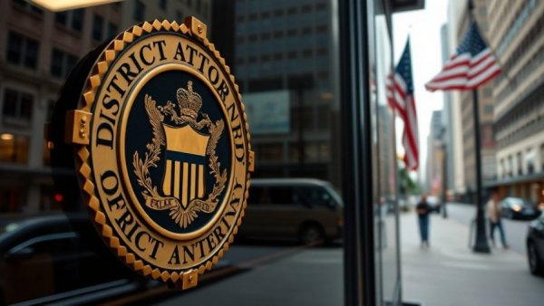 Philadelphia District Attorney emblem on window glass with city reflections