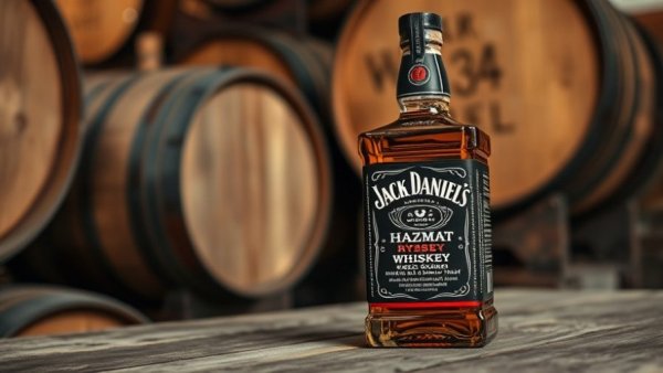 Jack Daniel's New Hazmat Rye Whiskey bottle with rustic barrels.