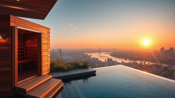 Luxurious rooftop sauna and pool at sunset with city skyline.