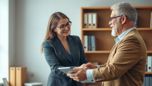 Finance experts collaborating in office, Samantha McLemore assisting.