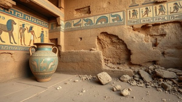 Ancient site with Egyptian ceramic vessel and murals found in Pompeii.