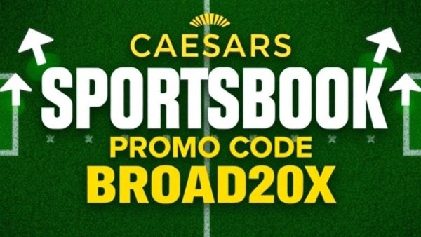 Caesars Sportsbook promo code BROAD20X graphic with arrows.