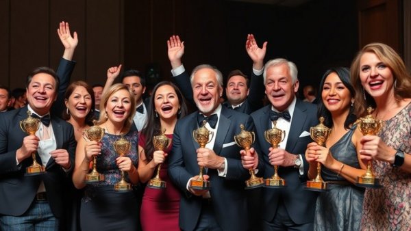 Celebration at 2025 Golden Vines Wines event with trophies.