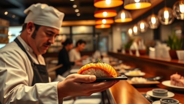 Royal sushi chef crafting sushi at a busy counter, nightly waitlist over 1,000 people.