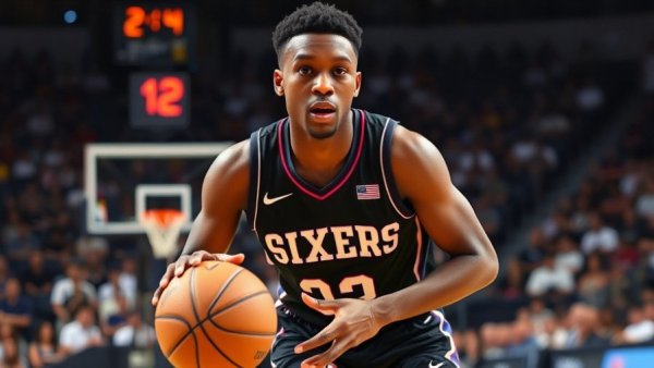 Sixers closing lineup player dribbling basketball in game.
