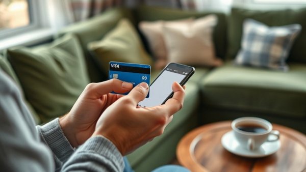 Person using smartphone with Visa card for online transaction, Prime Visa card review.