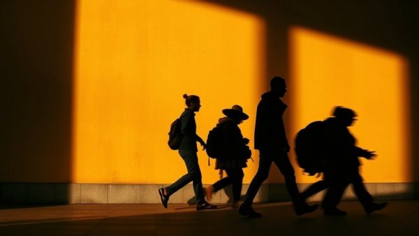 Silhouettes walking against a warm wall, symbolizing change in American institutions.