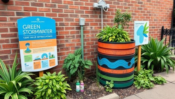 Colorful rain barrel and signs illustrating green stormwater infrastructure in Philadelphia.