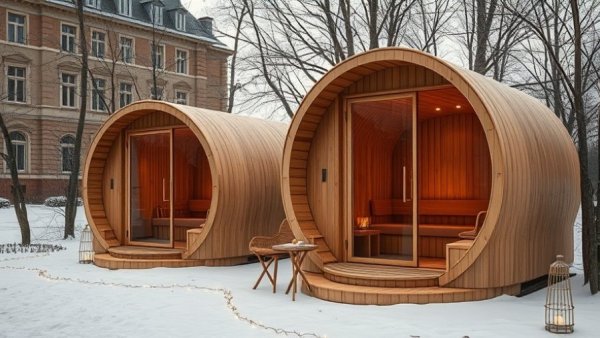 Pop-up saunas in Philadelphia winter garden setting.