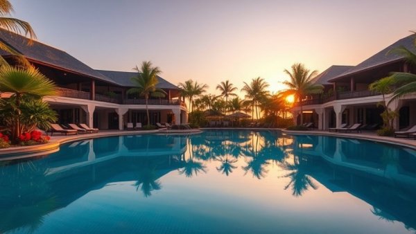 Tropical resort pool view with thatched roofs, earning Hilton Honors elite status.