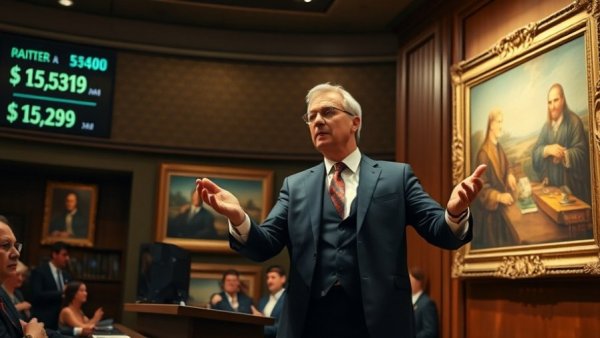 Auctioneer at art sale gesturing energetically at Christie's.