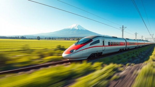 Japanese bullet train near Mount Fuji highlighting train system