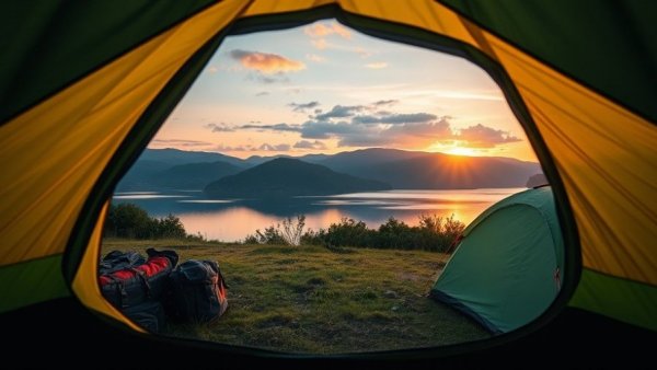 Scenic camping tent view at sunset with lake and gear, 2025.