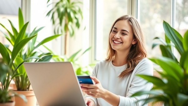 Woman shopping with credit card on laptop to maximize shopping portals.