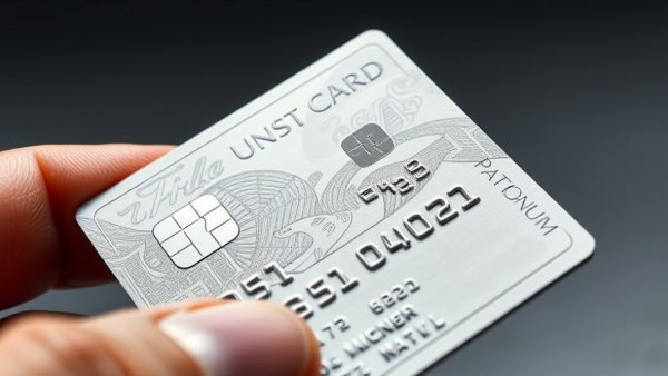 Platinum credit card close-up showing decorative details and hand holding it.