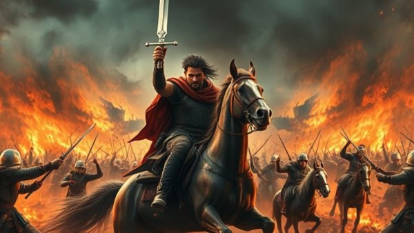 Painting of a warrior on horseback in a battle, Kirk Hammett Conan painting sale.