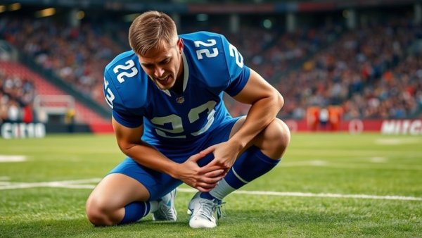 Injured Lions player holding knee on field during game.