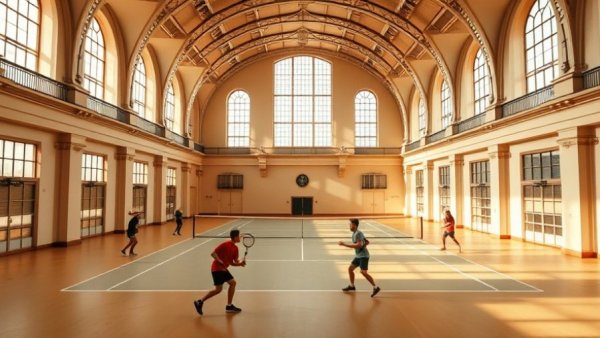 Historic indoor tennis court in Philadelphia sports social club.