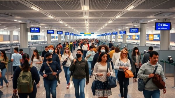 Crowded airport terminal showing reduced flight cancellations.