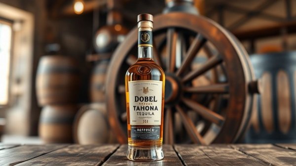 Dobel Tahona Tequila bottle in rustic distillery setting.