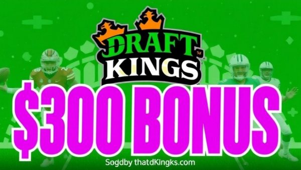 DraftKings promo code with $300 bonus offer and green sports theme.