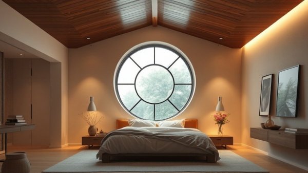 Cozy modern bedroom in Airbnb on Jeju Island with circular window.