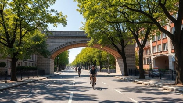 Sunny Pennsylvania street with cyclists and stone bridge.
