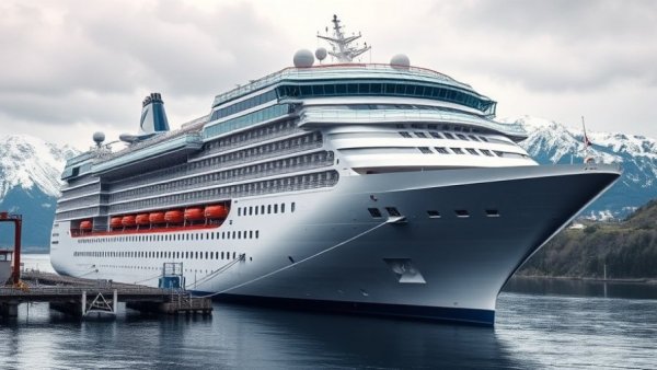 Sitka Alaska cruise ship dock with snowy mountains in background.