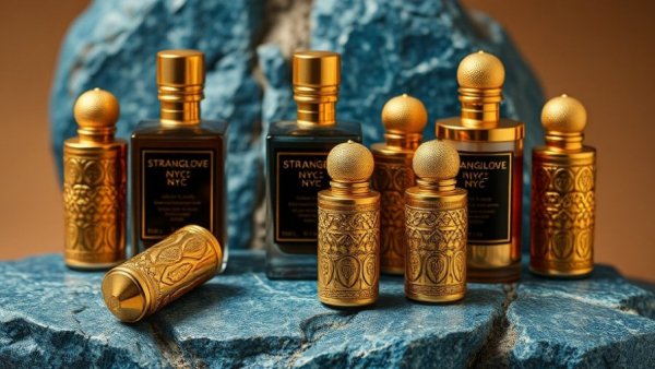 Elegant display of Strangelove NYC oud fragrances with golden caps.