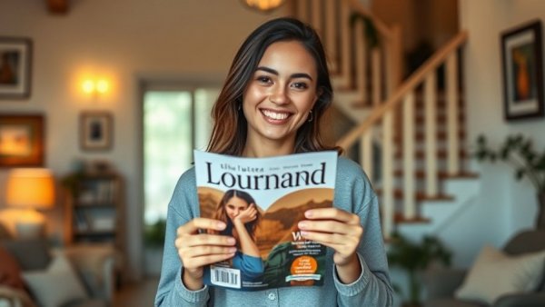 Young woman smiling indoors holding magazine cover.