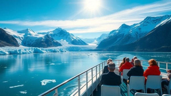 Cruise ship at Glacier Bay National Park with glaciers and mountains.