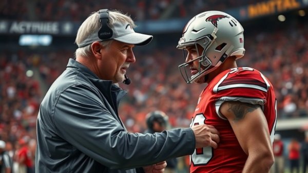 Football coach discussing strategy with player on field.