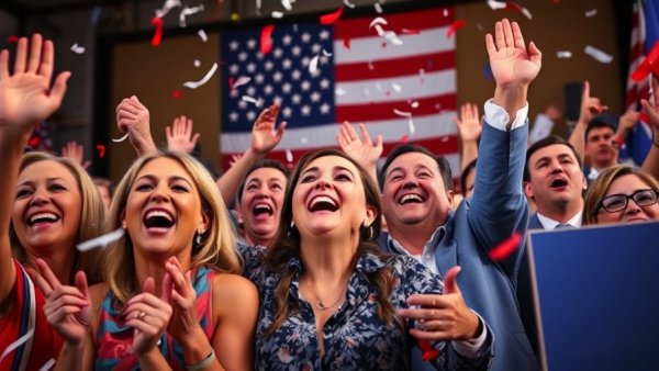 Group celebrating at a political rally, highlighting energy affordability in elections.