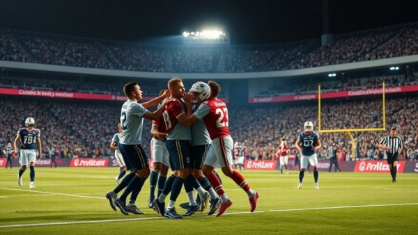 Football players celebrating a play on field with crowd in stadium.