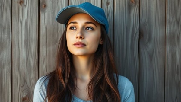 Woman standing against rustic wall, relaxed expression, natural setting.