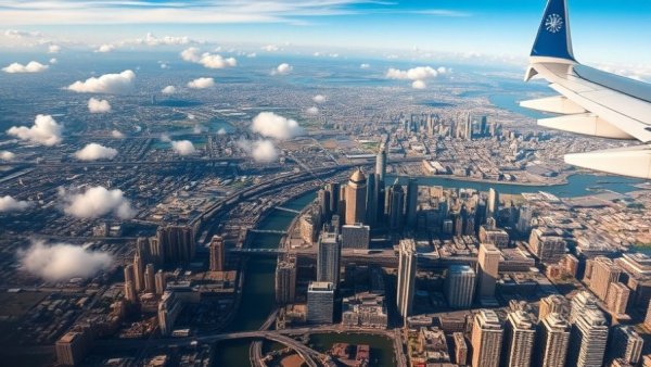 Aerial view of urban cityscape from airplane with visible wing.