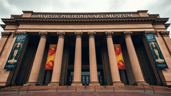 Philadelphia Art Museum building with banners on a cloudy day.