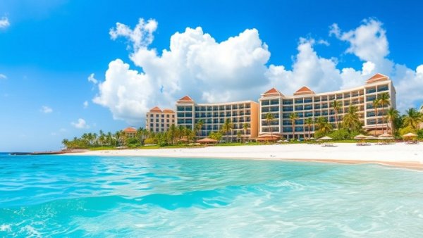 Secrets Mirabel Cancun Resort with beachfront view on a sunny day.
