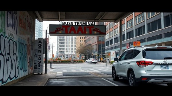 Filbert Street bus terminal showing graffiti and parked SUV