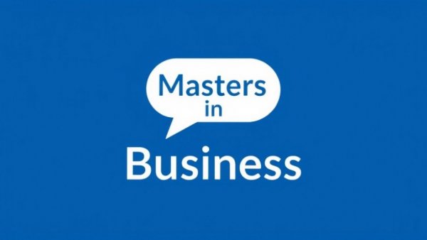 Stylized logo for Masters in Business podcast on blue background.