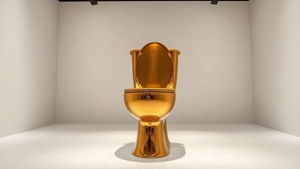 Cattelan golden toilet on display in auction setting.
